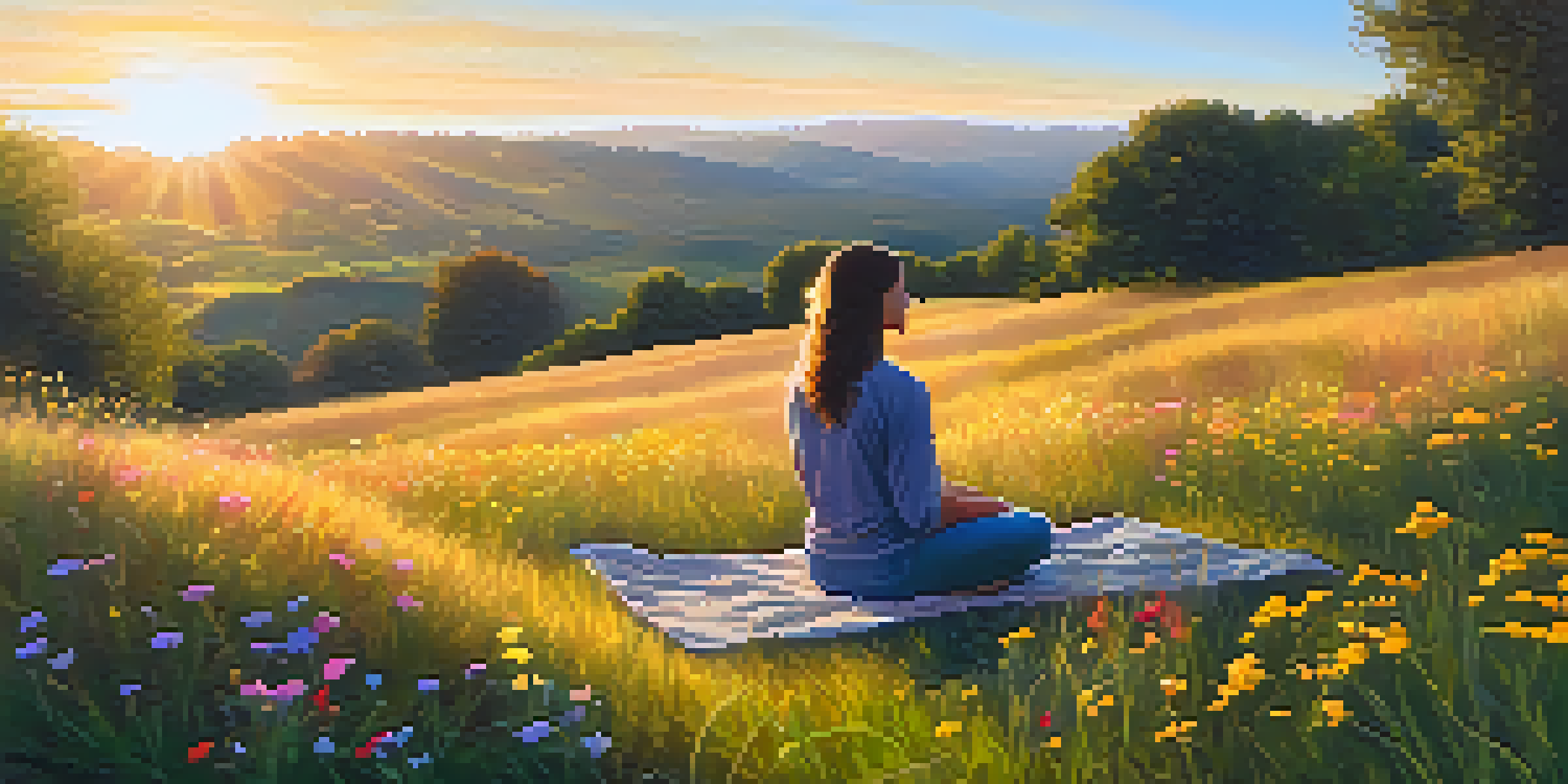 A person practicing mindfulness on a grassy hill during sunset, surrounded by wildflowers and trees.