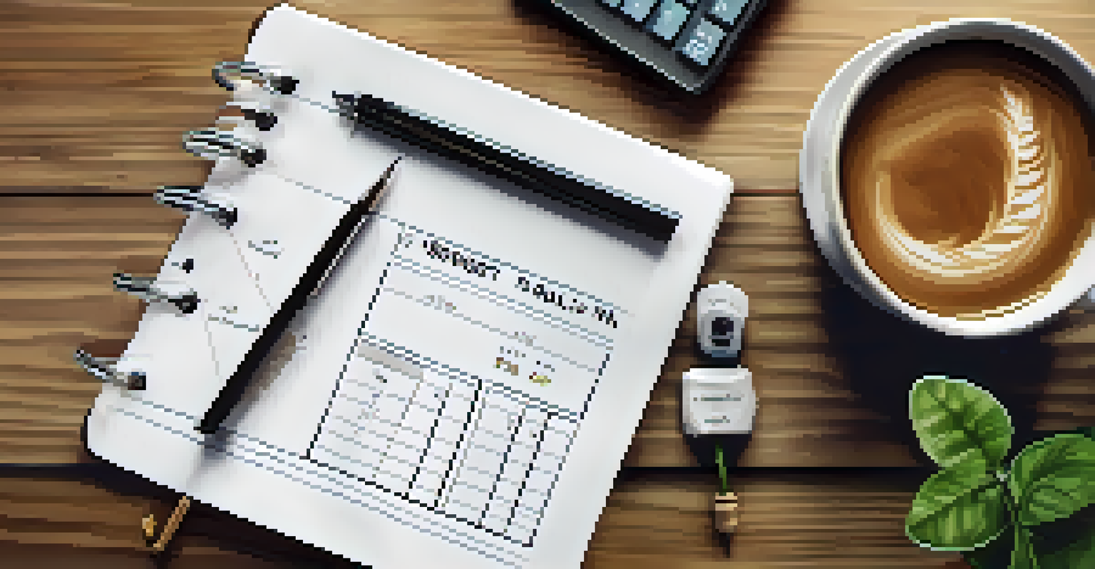 A budget plan displayed on a wooden table with a calculator, notepad, and coffee cup, illuminated by soft light.