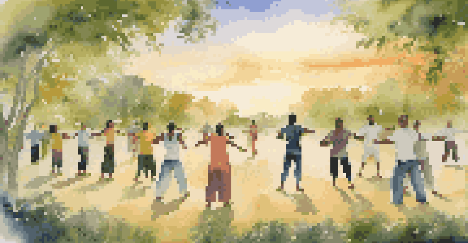 A group of individuals practicing qigong outdoors in a lush green setting, with a sunset illuminating the scene.