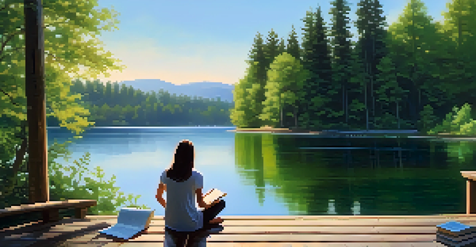 A peaceful lake scene with a person sitting on a dock, reading a book, surrounded by nature.