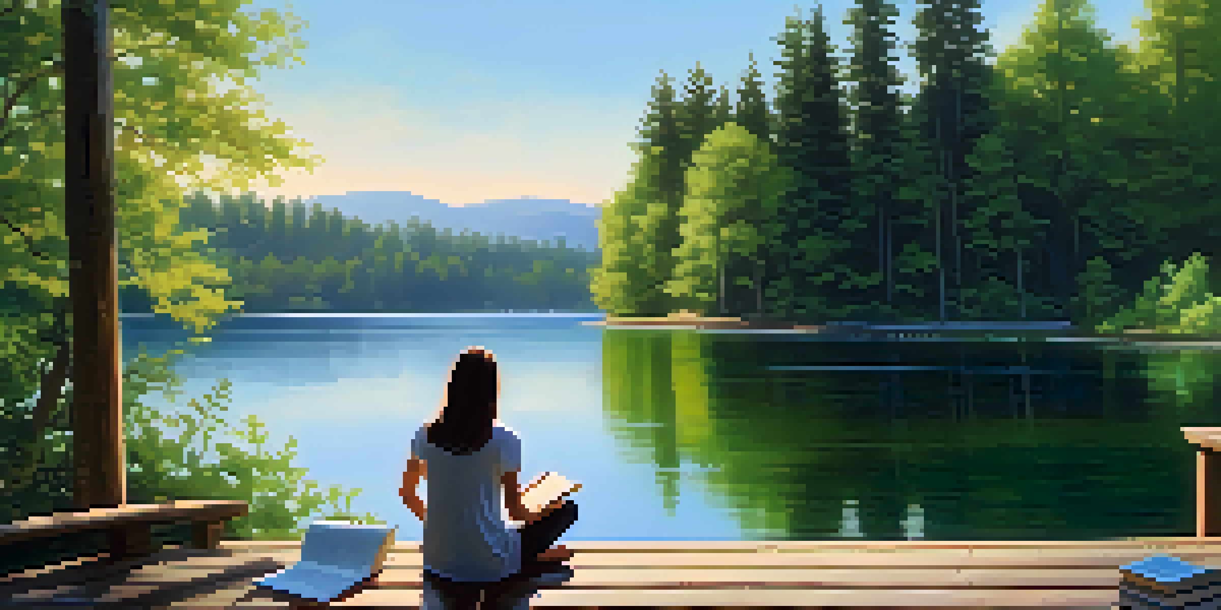A peaceful lake scene with a person sitting on a dock, reading a book, surrounded by nature.