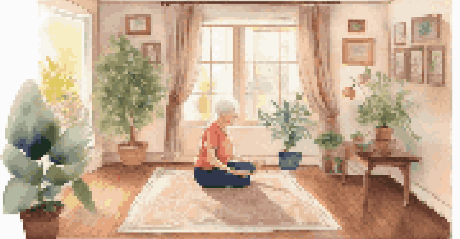 An elderly woman engaged in chair yoga in a cozy living room filled with plants and sunlight.