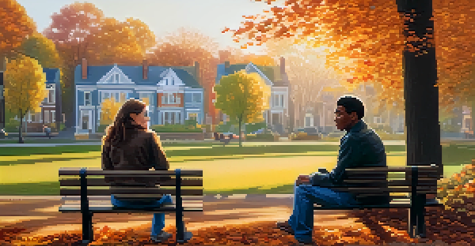 Two people of diverse backgrounds sitting on a park bench in a serene outdoor setting, engaged in a deep conversation during golden hour light.