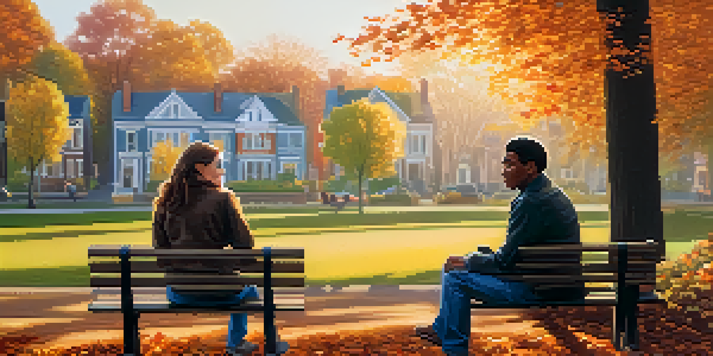Two people of diverse backgrounds sitting on a park bench in a serene outdoor setting, engaged in a deep conversation during golden hour light.