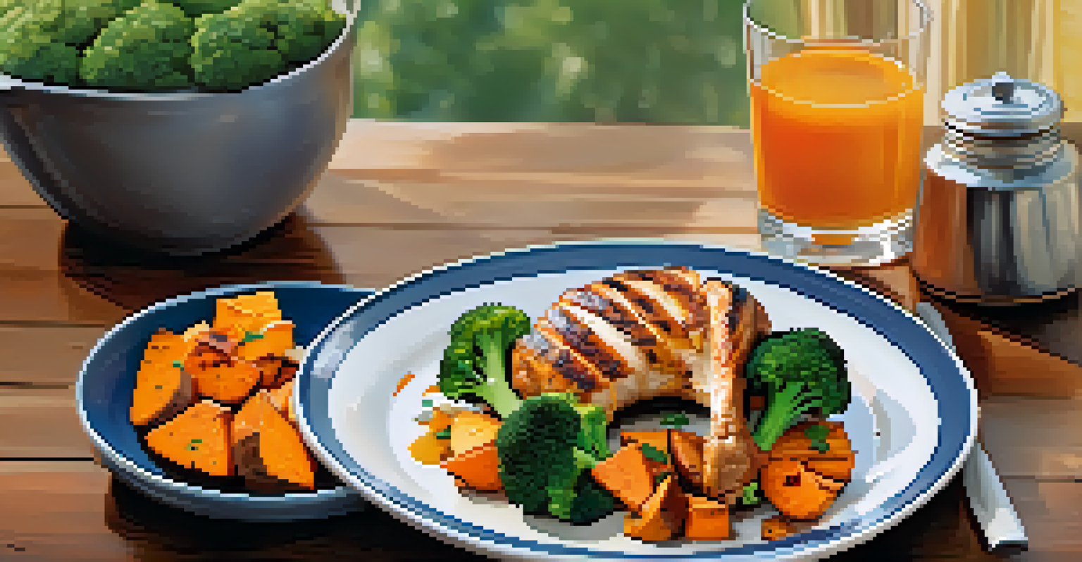 A nutritious post-workout meal with chicken, sweet potatoes, and broccoli on a wooden table.