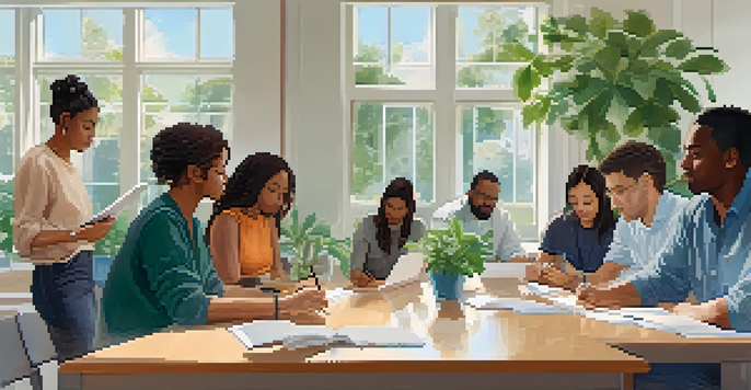 A group of diverse individuals engaged in a resilience training workshop, sharing experiences in a bright room with plants.