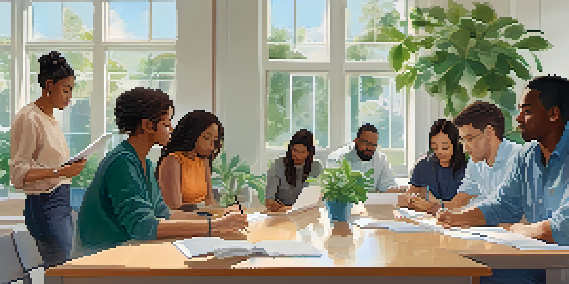 A group of diverse individuals engaged in a resilience training workshop, sharing experiences in a bright room with plants.