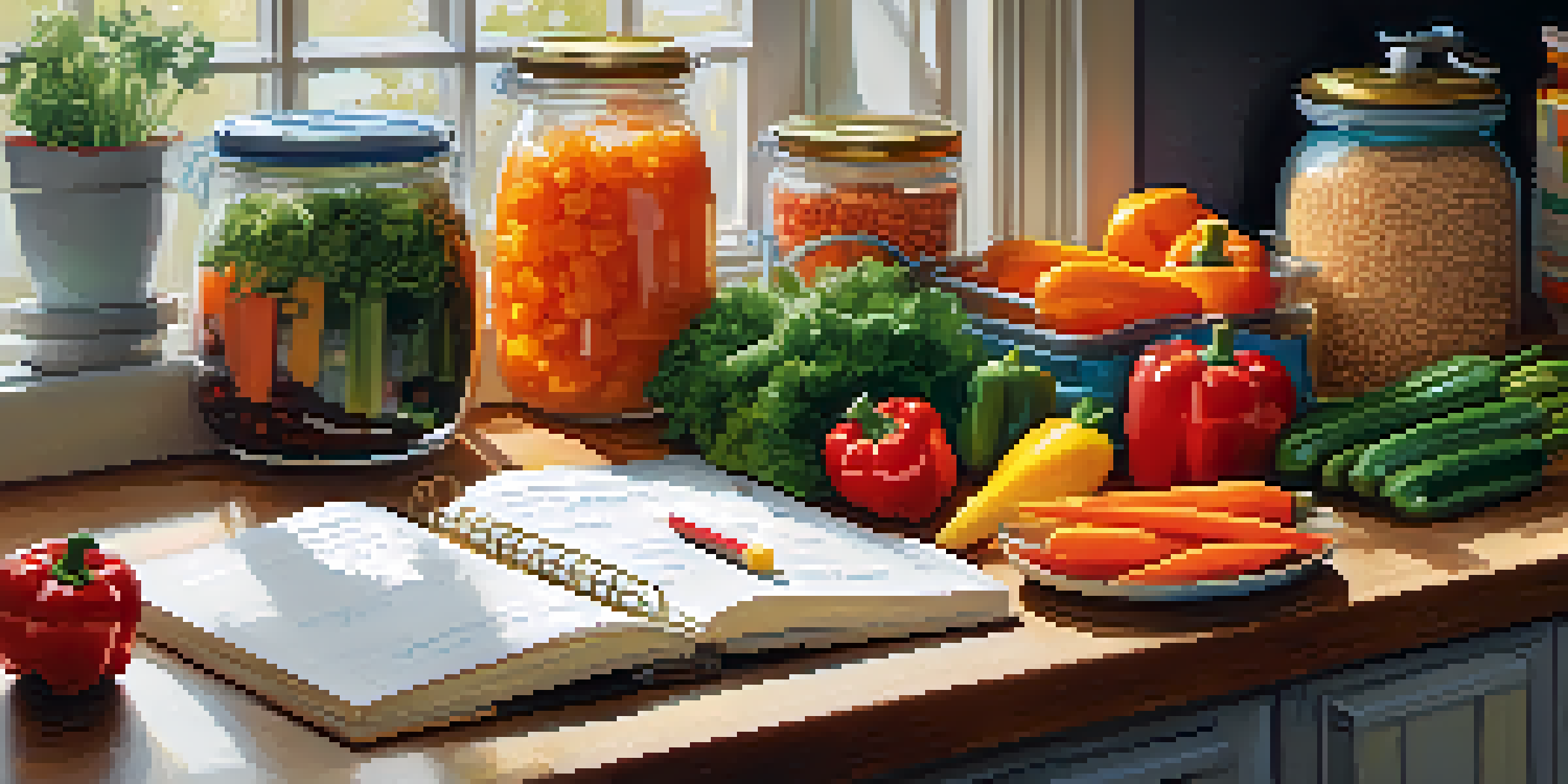 A well-organized kitchen countertop with fresh vegetables, grains in jars, and a colorful meal planning notepad, illuminated by soft natural light.