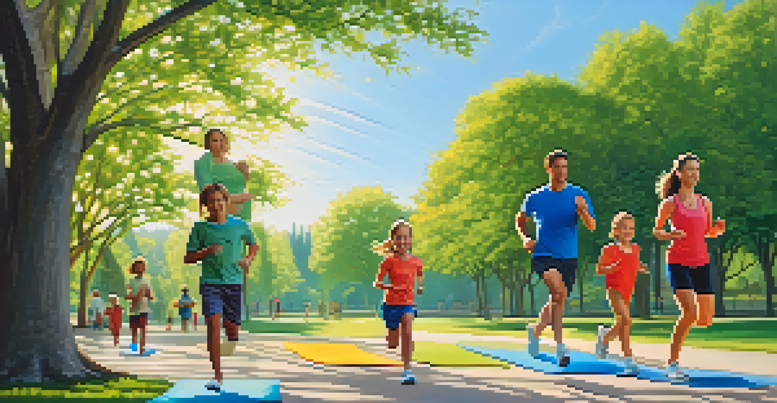 A family exercising together in a park, with some jogging and others practicing yoga on mats under a bright blue sky.