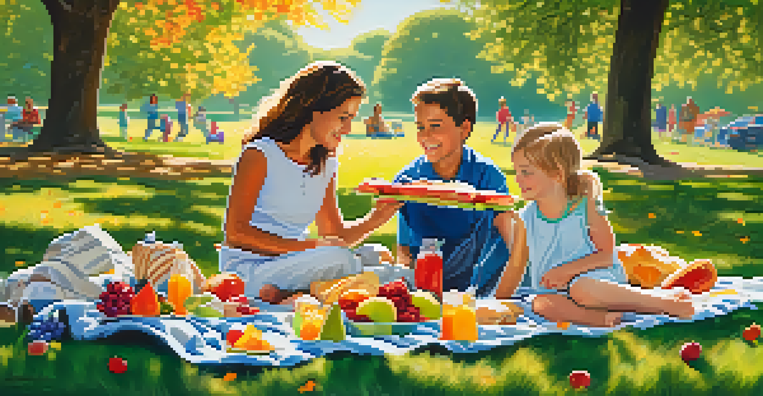 A joyful family having a picnic in a sunny park with a blanket, food, and children playing nearby.