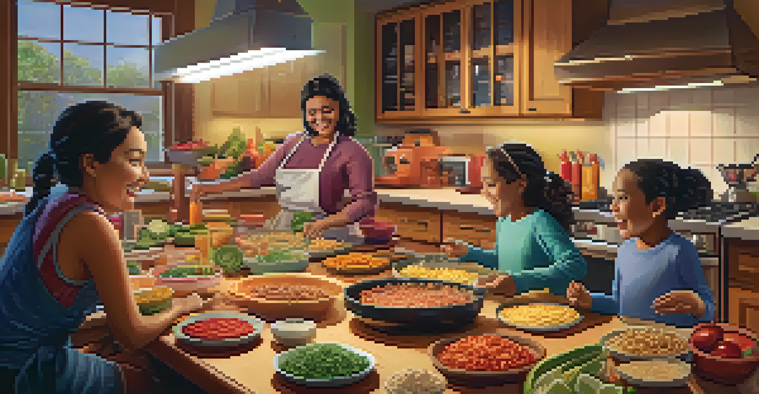 A family gathered in a cozy kitchen, happily preparing a taco night meal together with colorful ingredients.