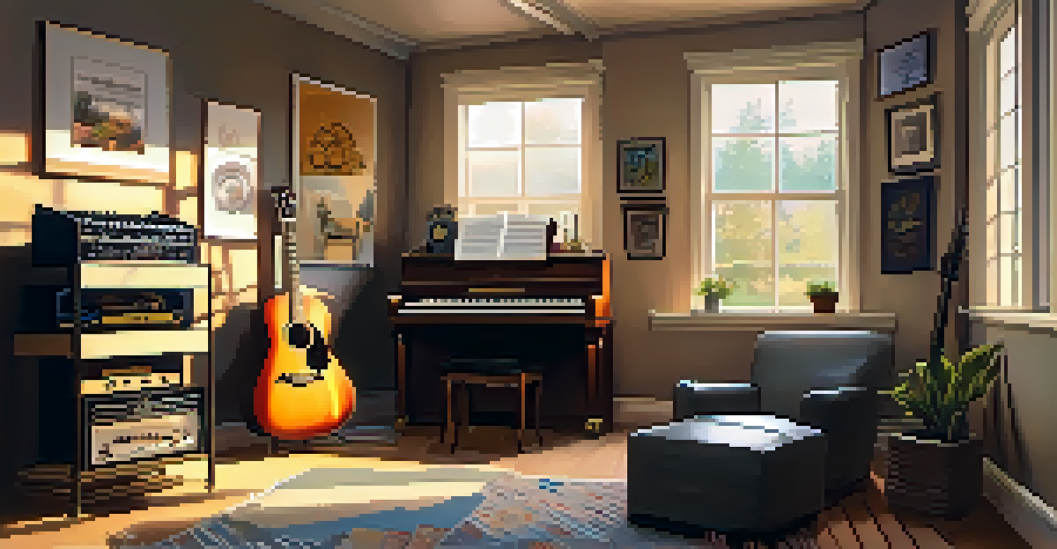 A cozy room filled with musical instruments, warm lighting, and a chair by a window, creating a peaceful ambiance.
