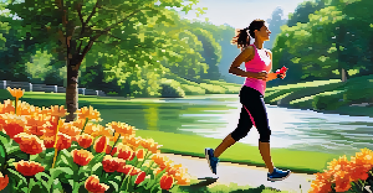 A jogger in a sunny park holding a water bottle, with green trees and flowers in the background.