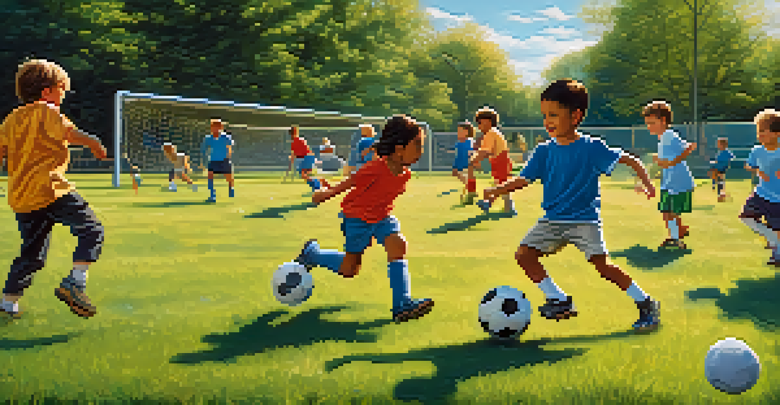 Children practicing soccer on a vibrant green field with parents cheering on the sidelines, under a clear blue sky.