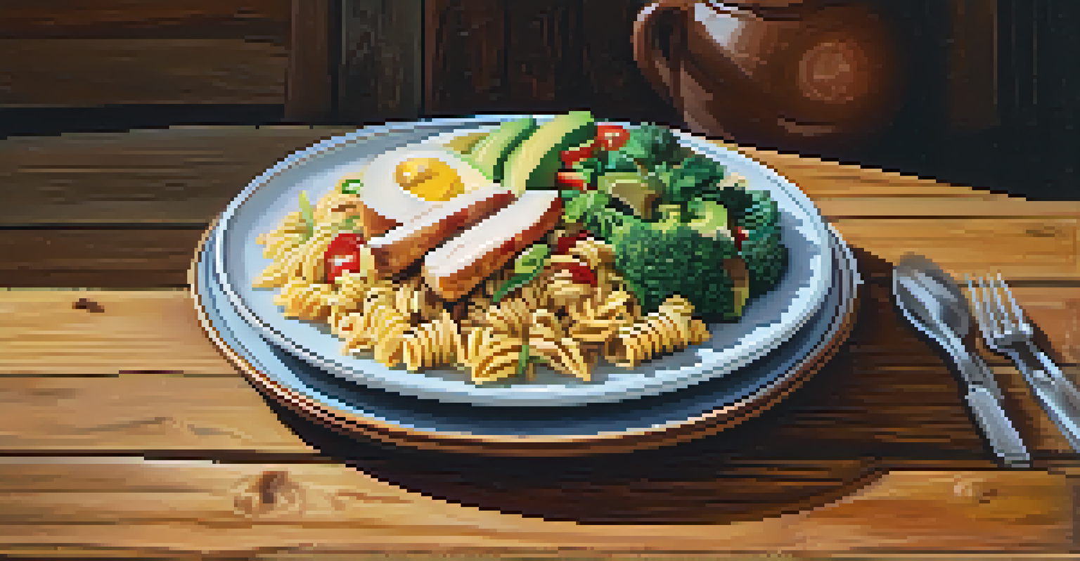 A close-up of a plate with a balanced meal of whole-grain pasta, grilled chicken, colorful vegetables, and avocado, arranged on a rustic table with natural lighting.