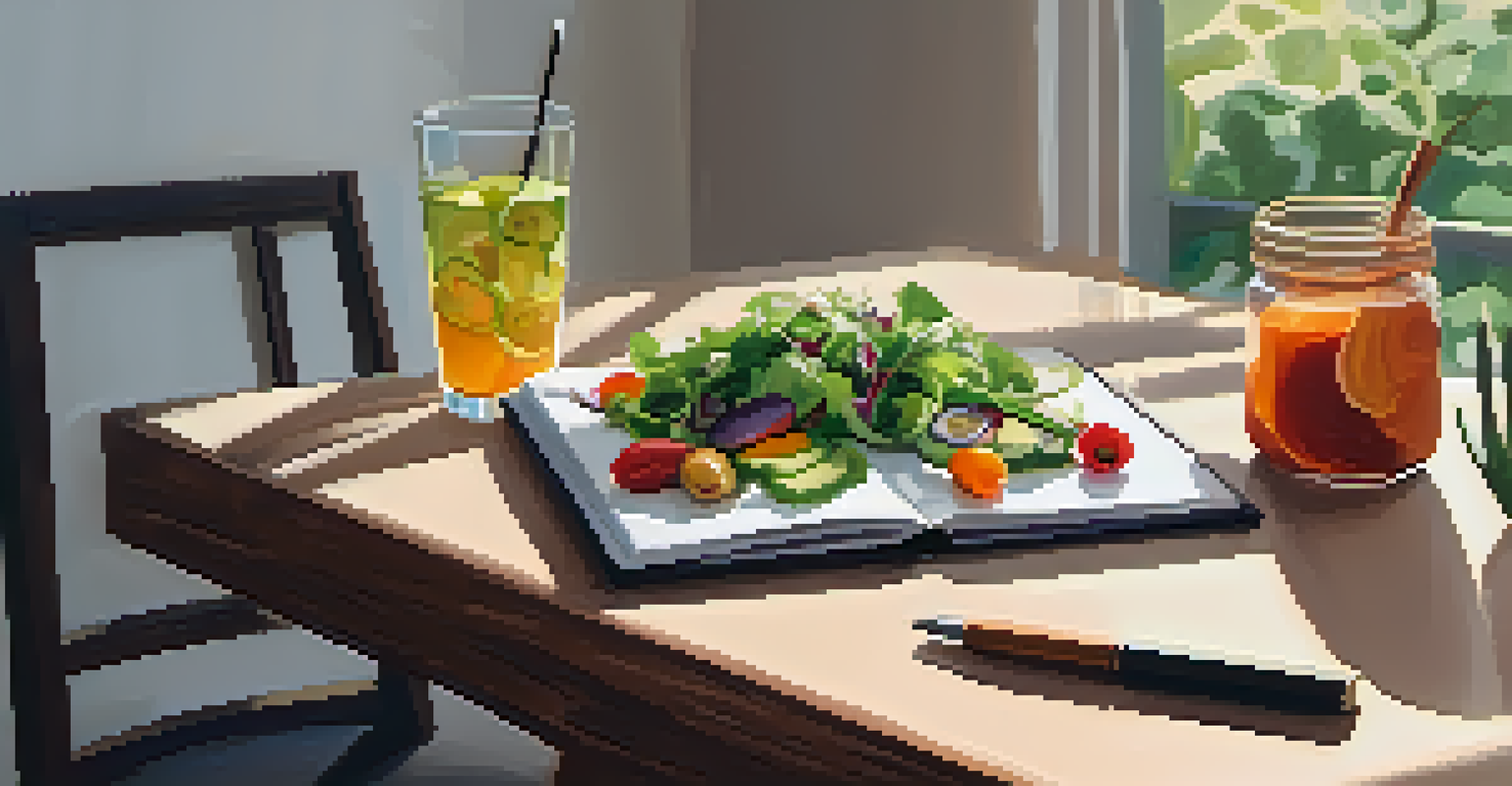 A serene workspace with a food journal, a plate of colorful healthy meals, and a glass of water, all bathed in soft natural light.
