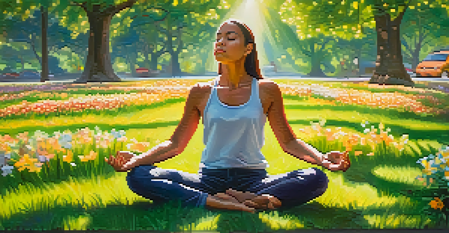 A person meditating in a park, seated on the grass with a serene expression, surrounded by greenery and sunlight filtering through leaves.