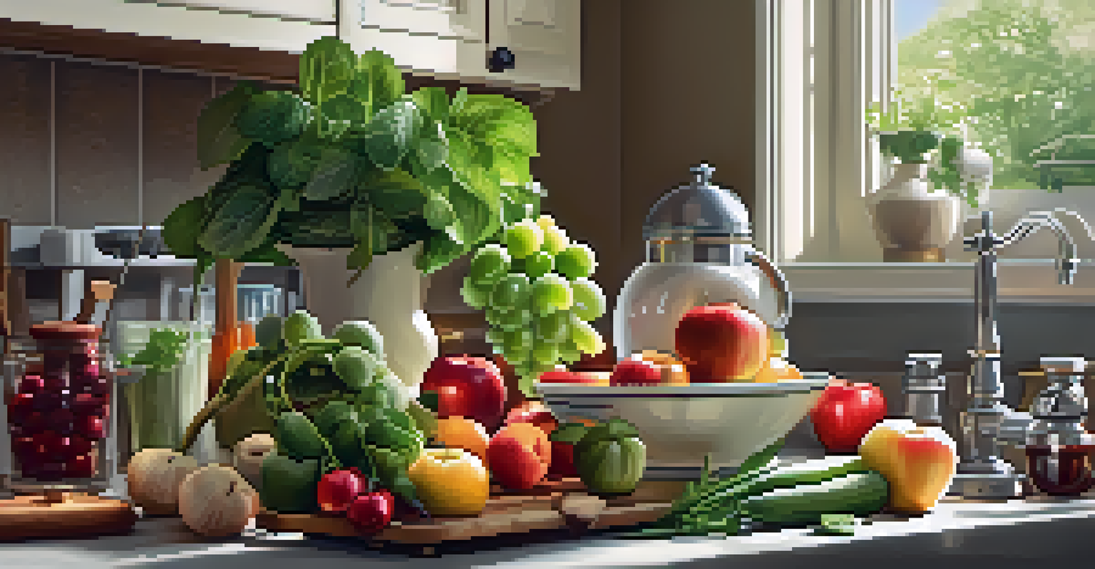 A kitchen countertop with fresh fruits and vegetables for CKD, measuring tools for portion control, and sunlight streaming through the window.