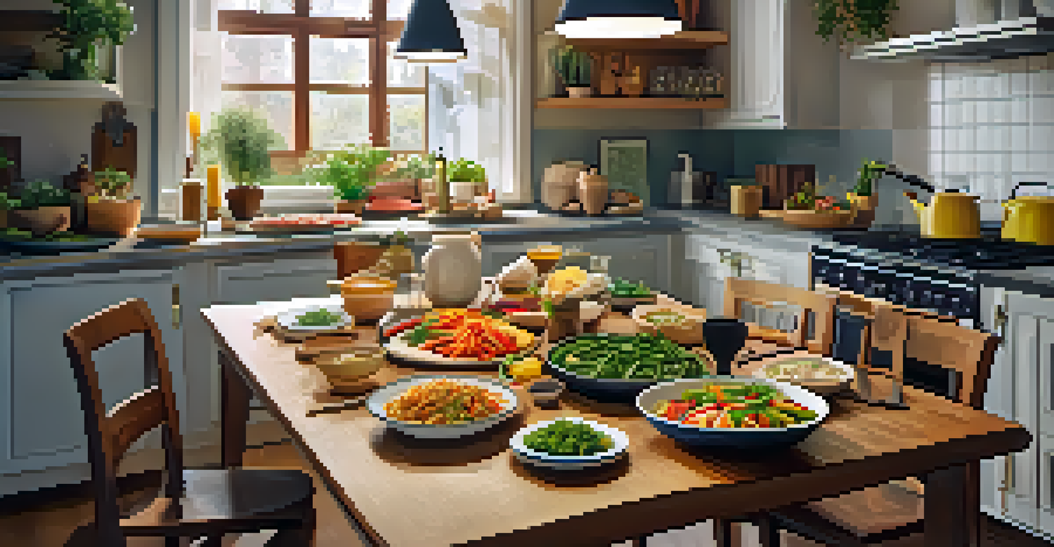 A dining table featuring a creatively arranged stir-fry made from leftover vegetables, set in a cozy kitchen.