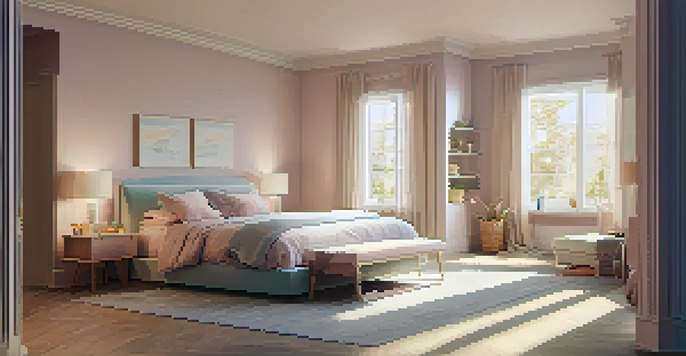 A peaceful bedroom with a bed positioned away from the window, warm lighting, and a reading nook, all in soothing pastel colors.