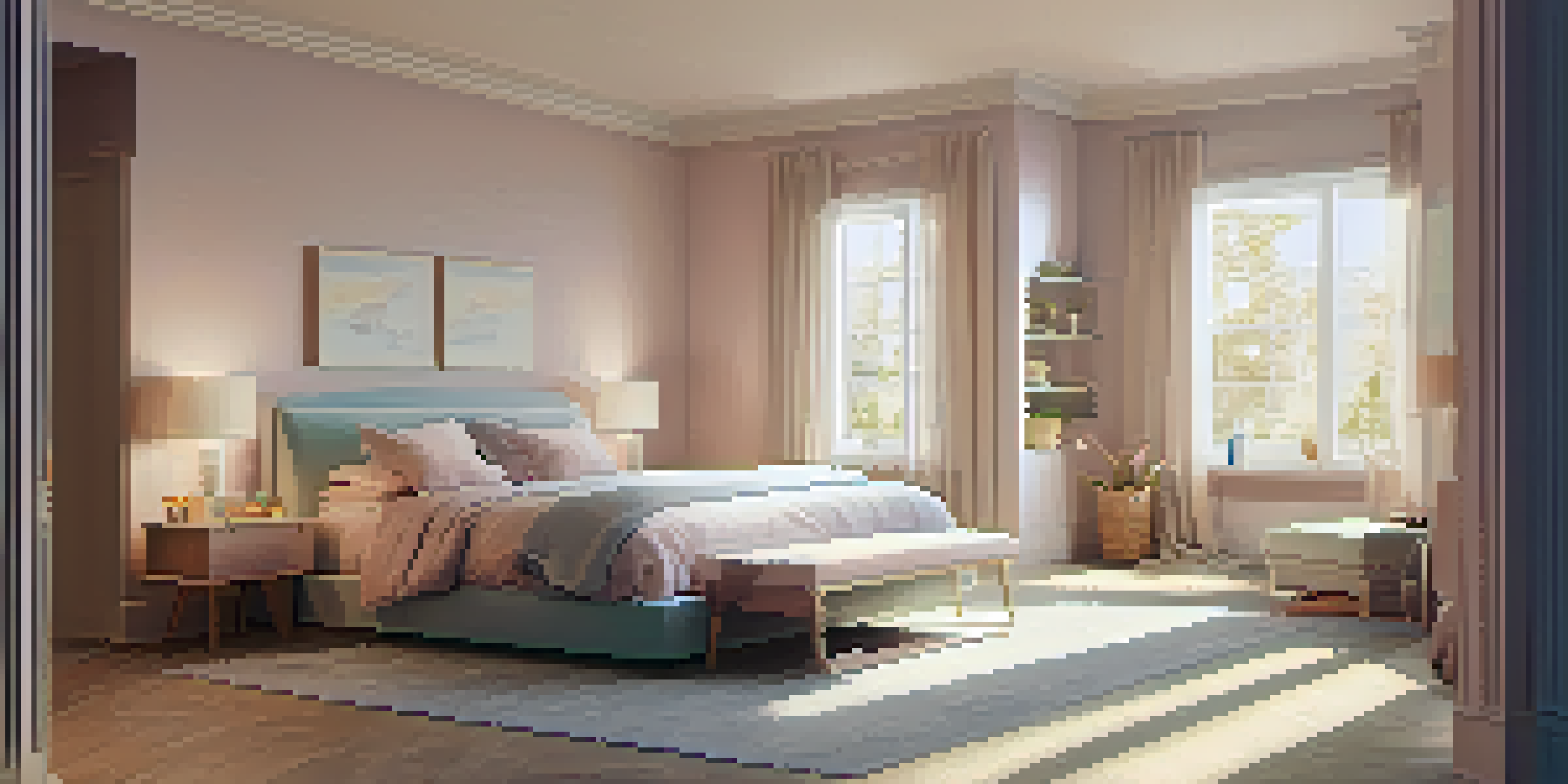 A peaceful bedroom with a bed positioned away from the window, warm lighting, and a reading nook, all in soothing pastel colors.