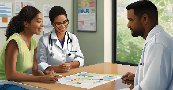 A healthcare provider explains medical concepts to a diverse group of patients using visual aids in a bright, welcoming environment.