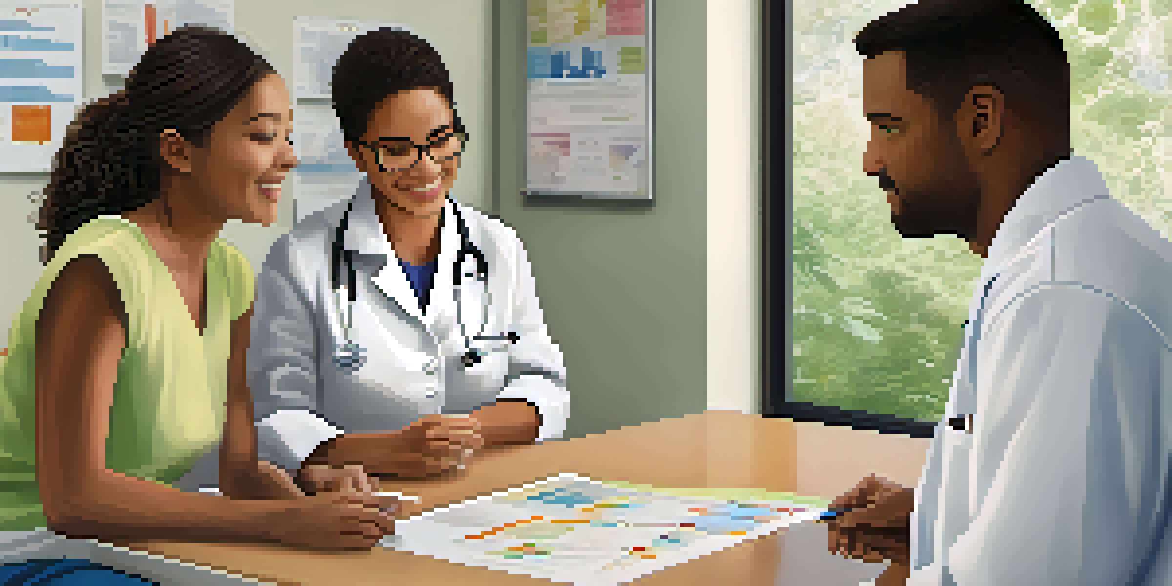 A healthcare provider explains medical concepts to a diverse group of patients using visual aids in a bright, welcoming environment.