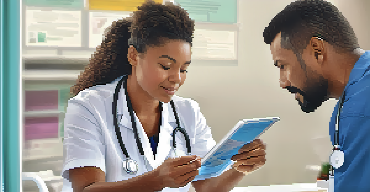 A healthcare professional showing a colorful infographic about vaccination benefits to a concerned parent in a bright clinic setting.