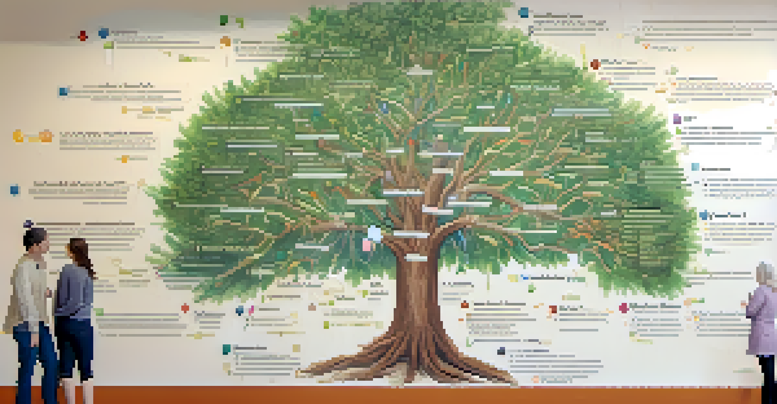 A colorful family tree diagram illustrating health conditions of family members, with a person studying it.