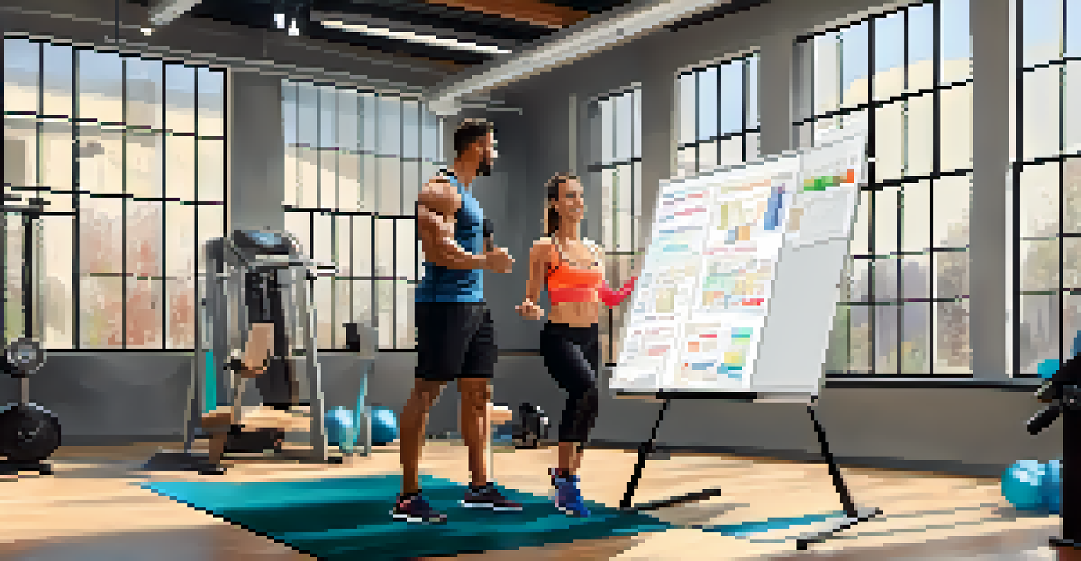 A personal trainer and client discussing fitness goals in a bright gym, with charts visible on a whiteboard.