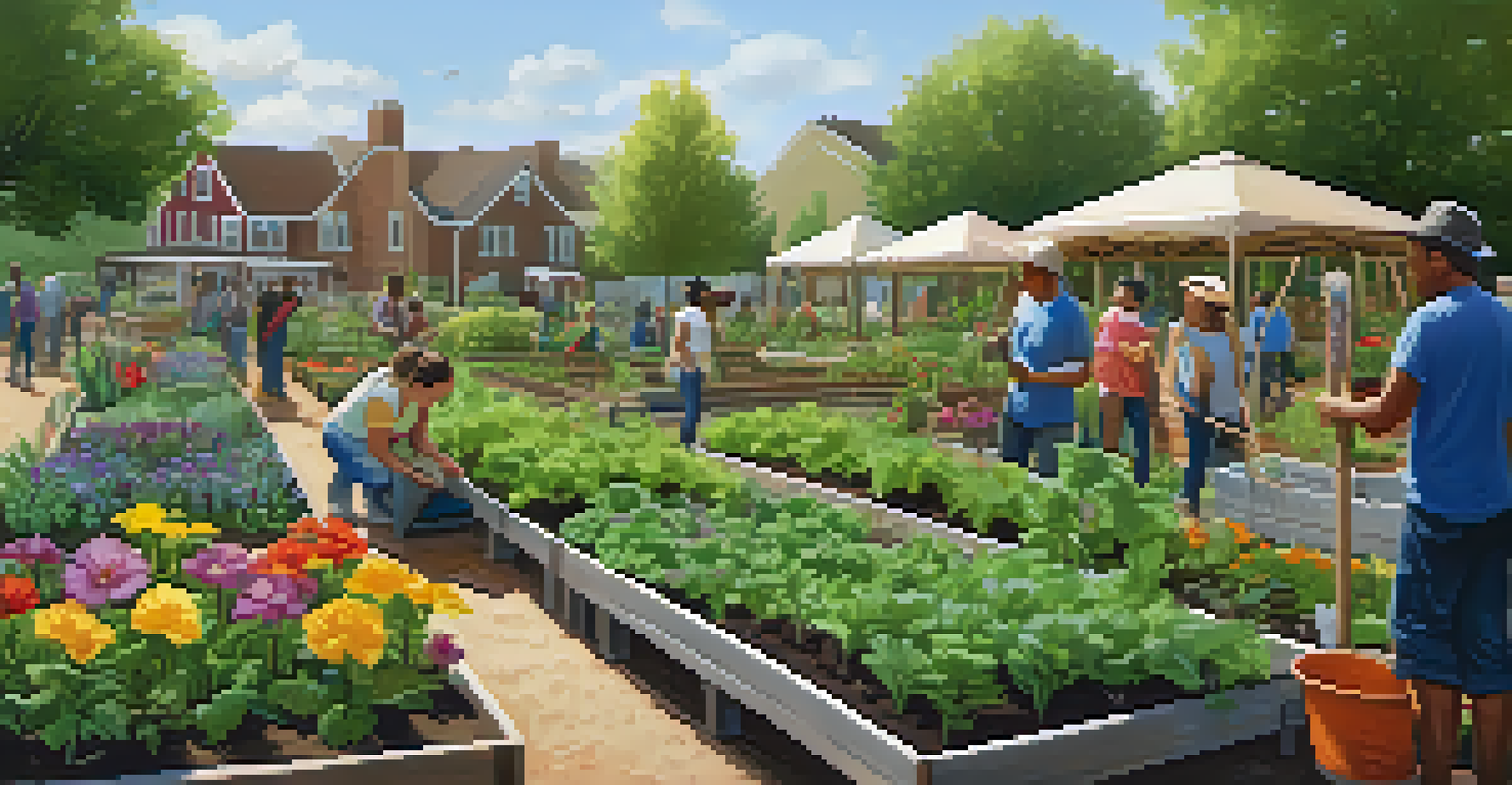 A community garden where people are planting and caring for vegetables under the sun.