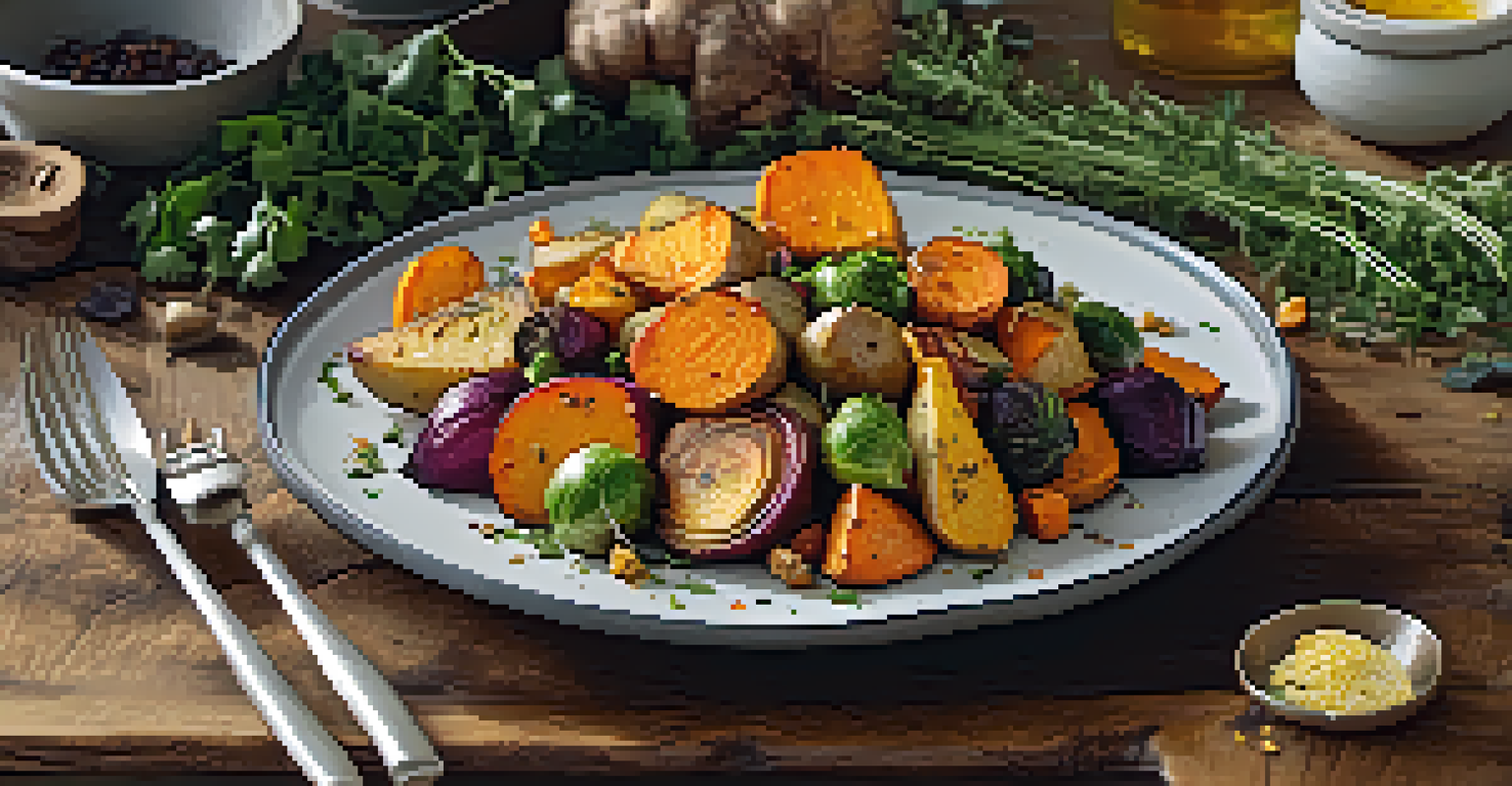 A plate of roasted root vegetables including sweet potatoes, beets, and Brussels sprouts, alongside a whole grain salad.