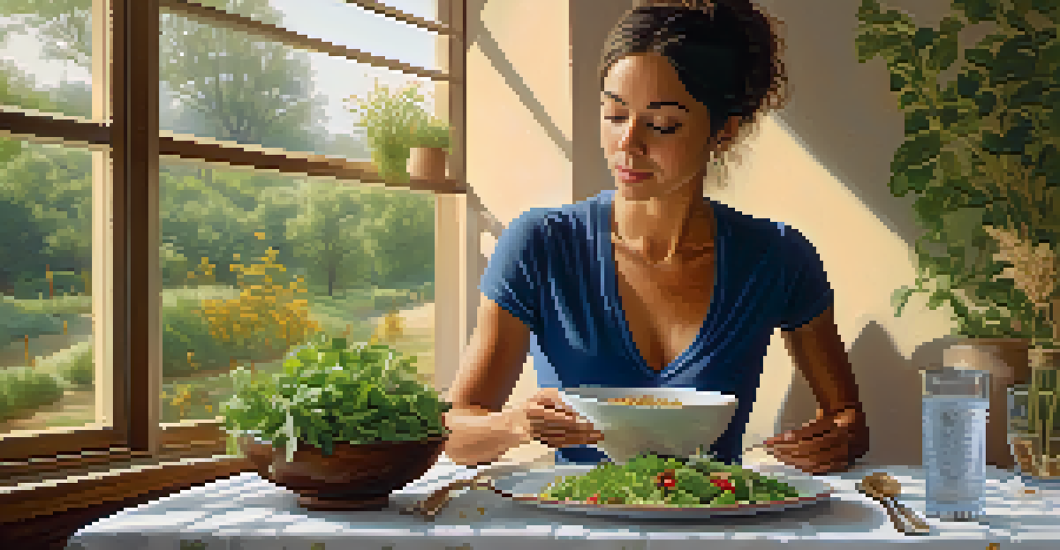 A person enjoying a healthy meal at a small table, with a focus on their expression and the colorful salad in front of them.