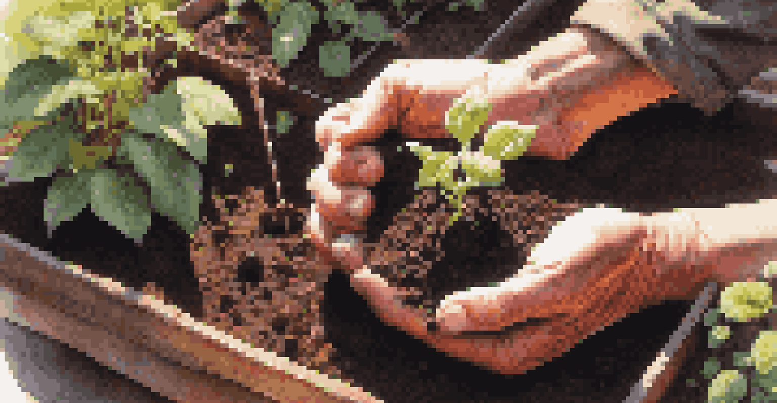 A close-up of hands planting seeds in soil, with sprouting plants and gardening tools in the background, illuminated by sunlight.