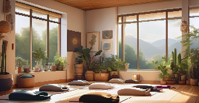 A peaceful sound therapy session with a person on a yoga mat surrounded by singing bowls and gongs in a softly lit room.