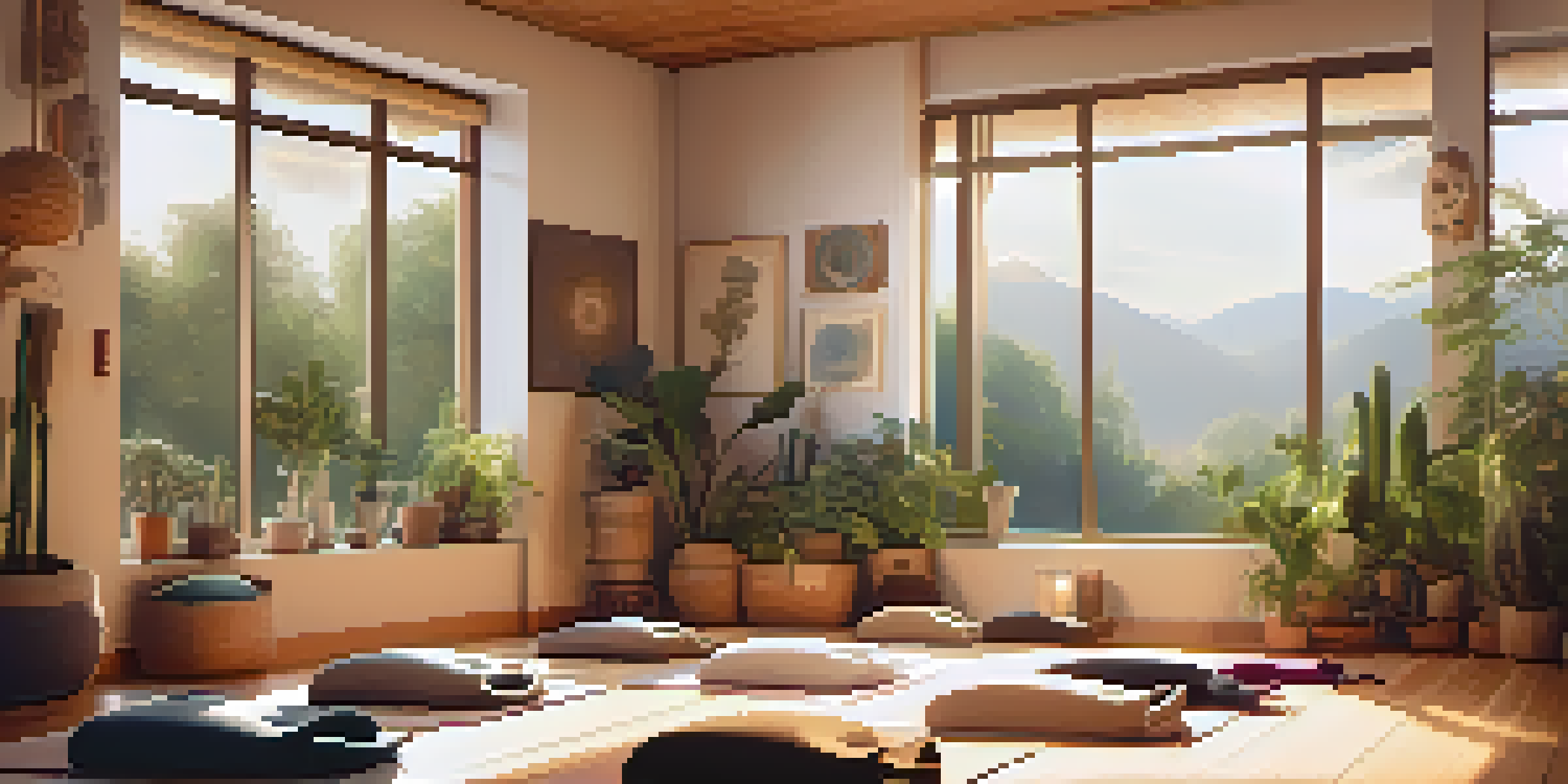 A peaceful sound therapy session with a person on a yoga mat surrounded by singing bowls and gongs in a softly lit room.