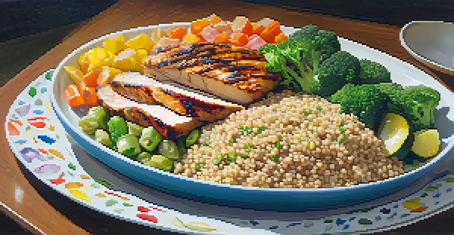 A close-up of a colorful plate of balanced meals with quinoa, grilled chicken, and vegetables.
