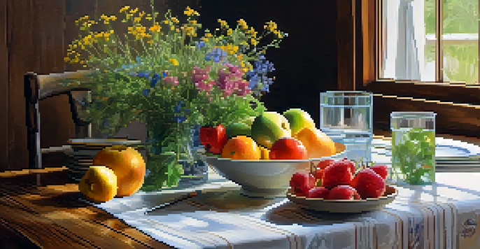 A dining table with fresh fruits and vegetables, natural light, and a journal for mindful eating.