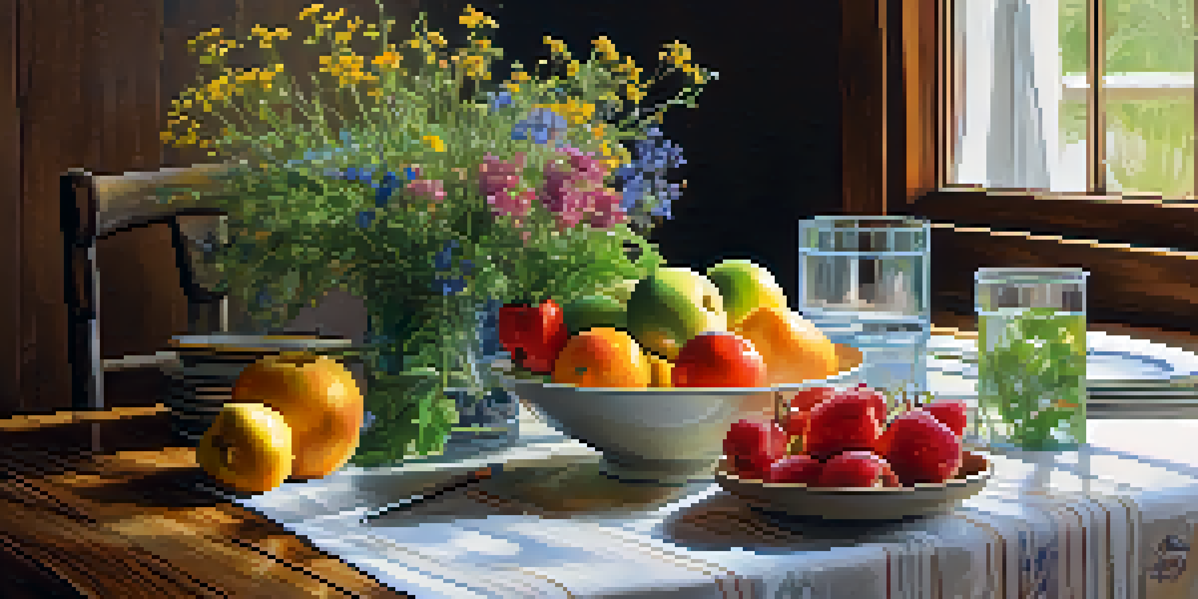 A dining table with fresh fruits and vegetables, natural light, and a journal for mindful eating.