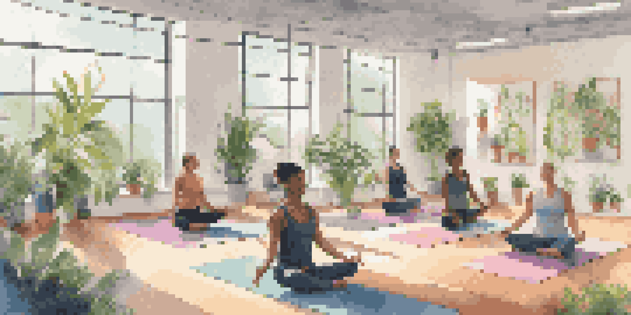 A group of employees practicing yoga in a bright office space, with colorful mats and plants around them.