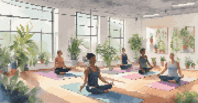 A group of employees practicing yoga in a bright office space, with colorful mats and plants around them.