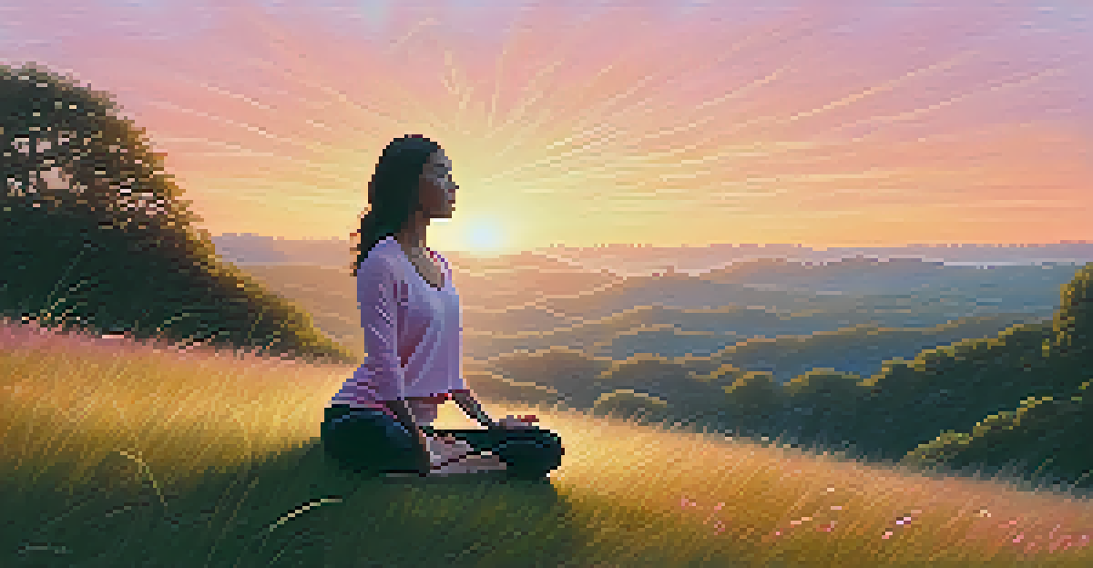 A person practicing yoga on a hilltop at sunrise, surrounded by nature.