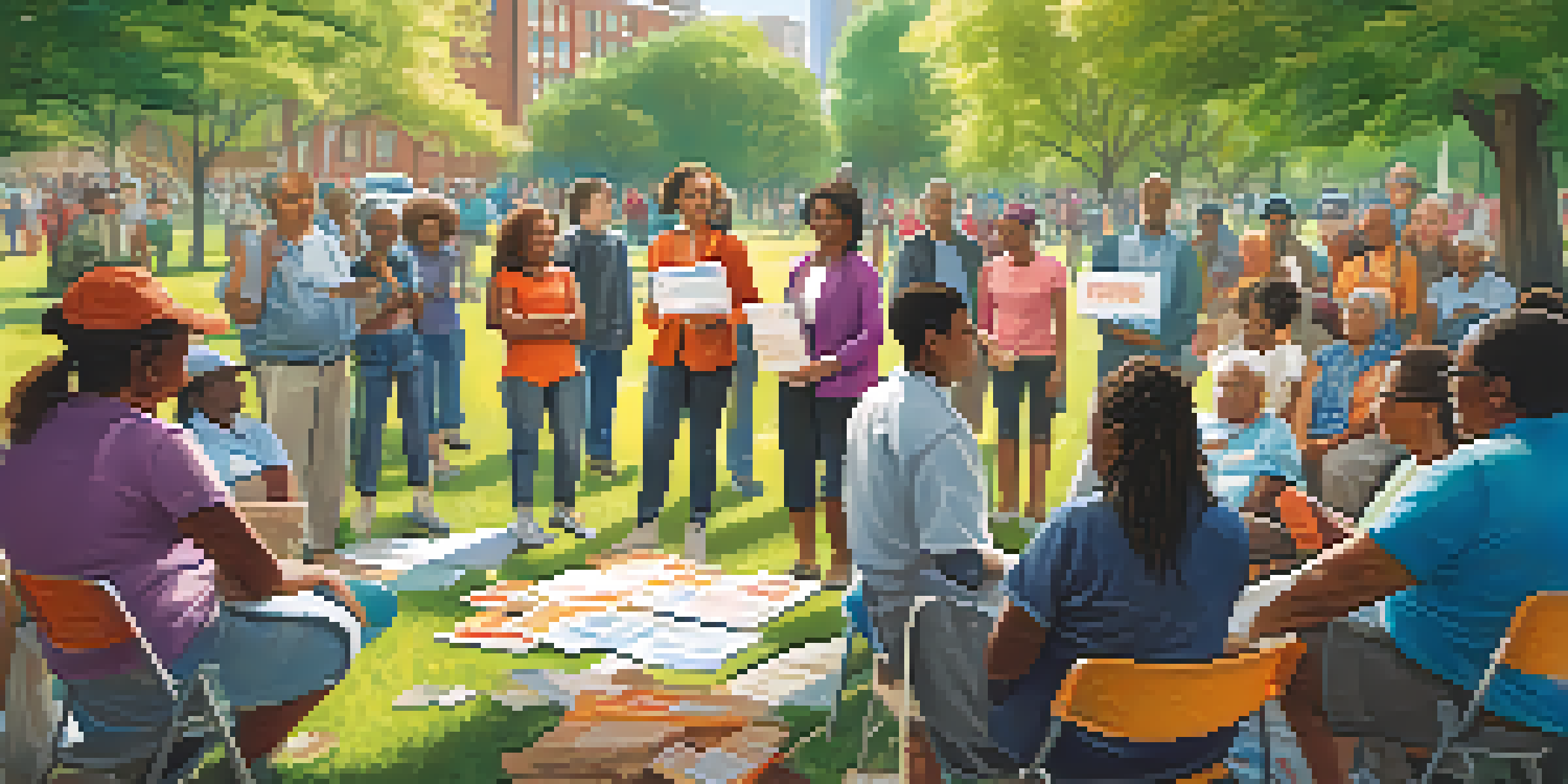 A diverse group of community members participating in an emergency preparedness workshop in a park, surrounded by trees and colorful banners.