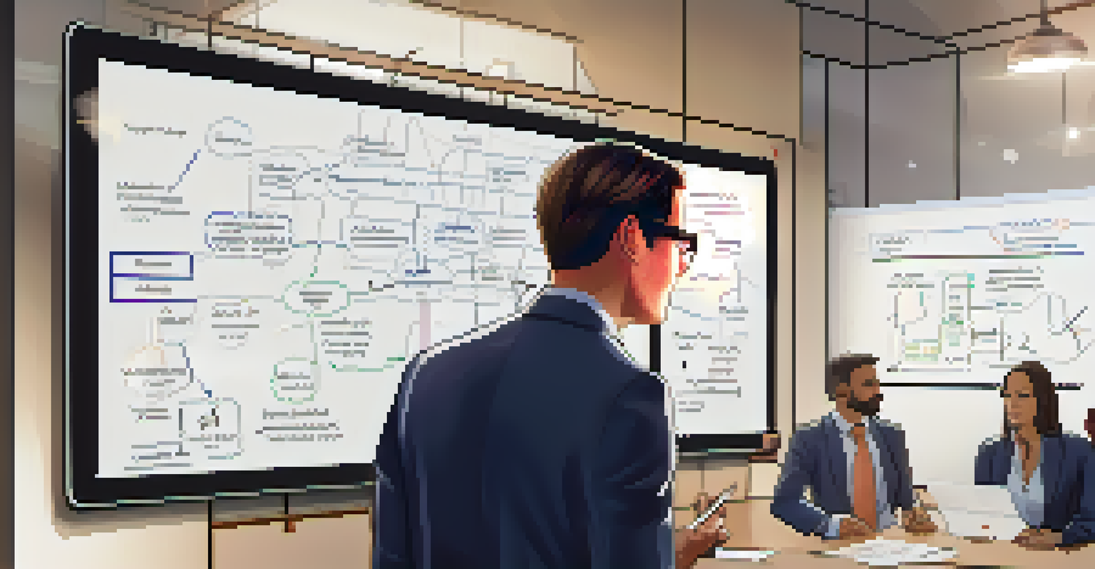 A team leader showing a crisis management plan on a tablet, with a whiteboard filled with notes in the background.
