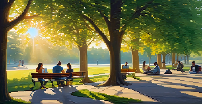 A peaceful park scene with diverse people reading, walking dogs, and having a picnic under golden sunlight.