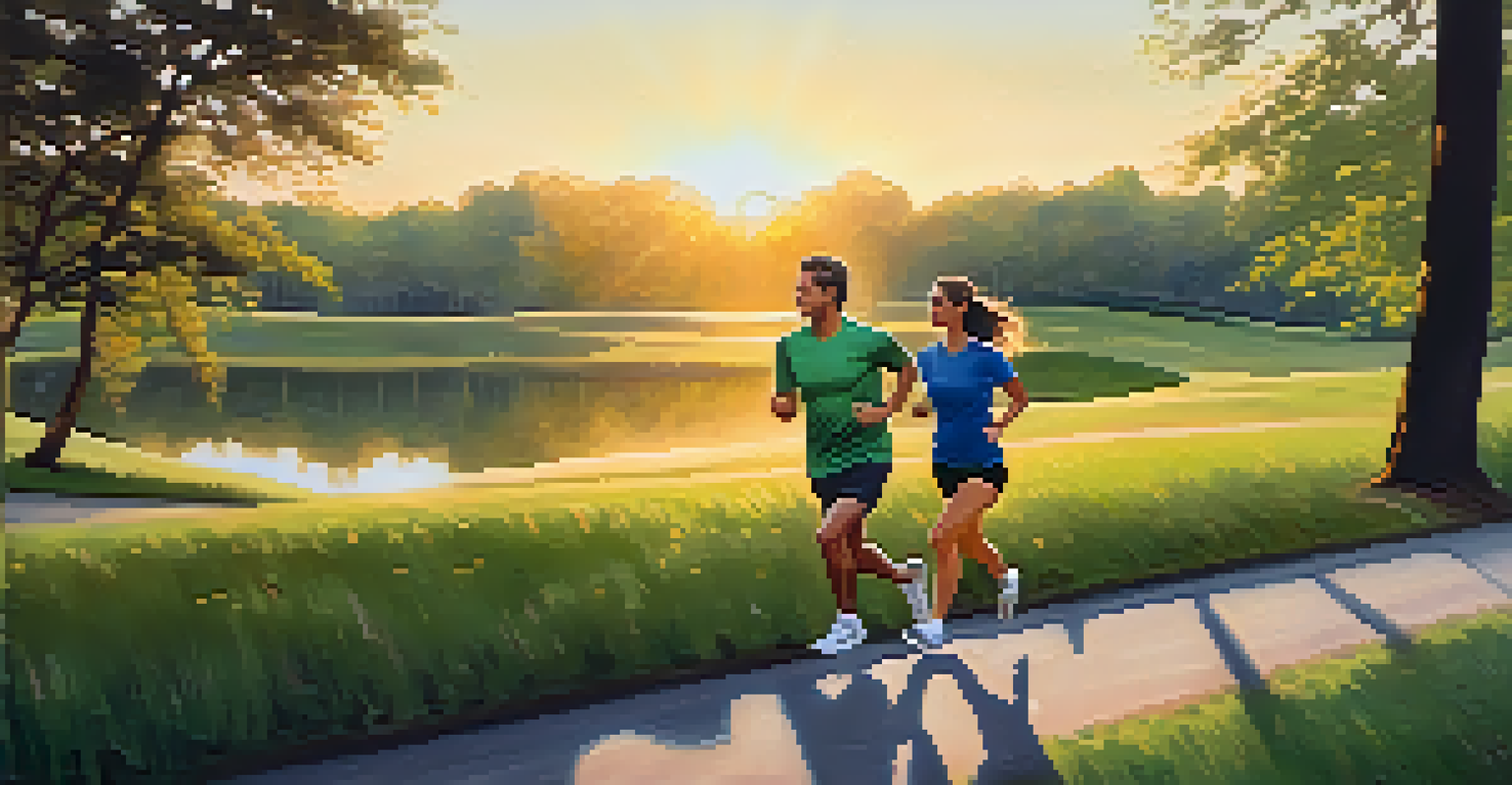 A health coach jogging with a client in a park at sunset, surrounded by trees and a scenic path.