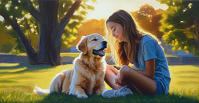 A teenager cuddles a golden retriever puppy on a grassy lawn during sunset, portraying a peaceful connection.