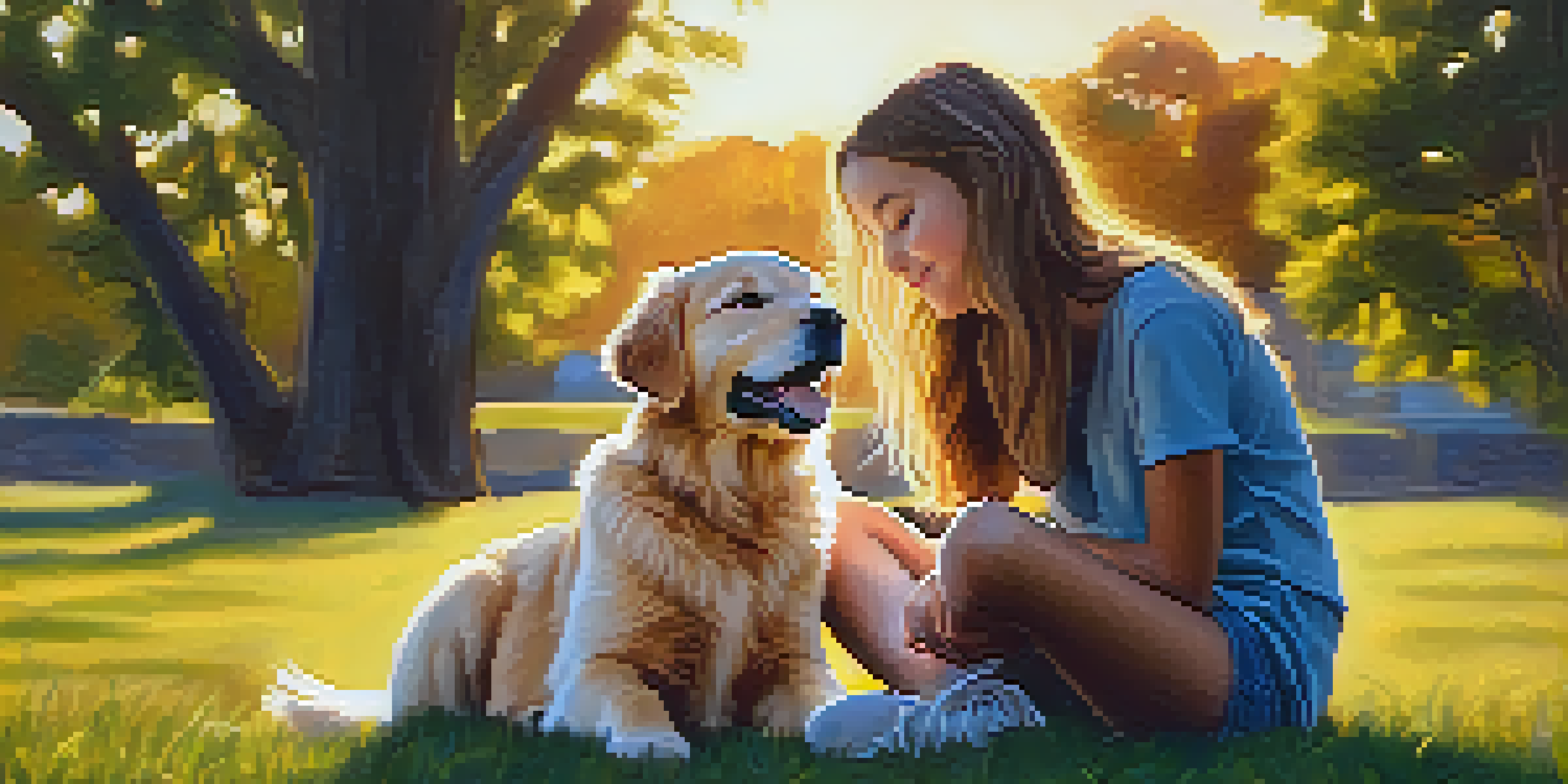 A teenager cuddles a golden retriever puppy on a grassy lawn during sunset, portraying a peaceful connection.