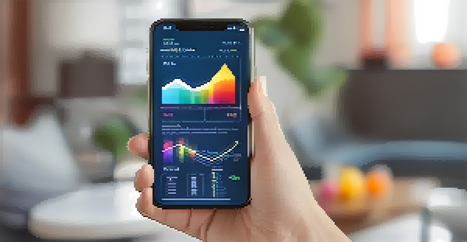 A smartphone displaying a digital health app with graphs and feedback, set in a bright living room.