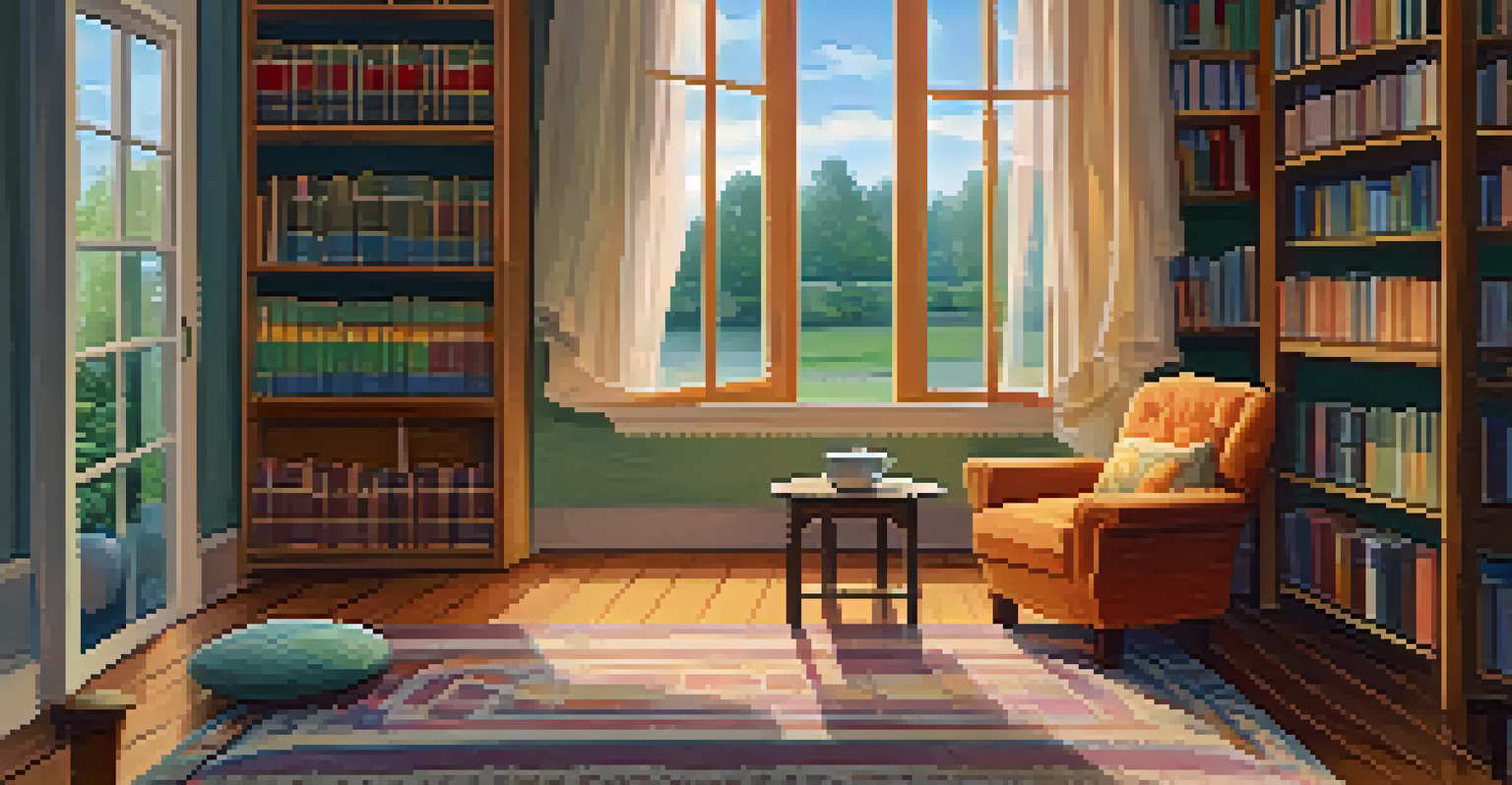 A cozy room with an armchair, a journal, and a cup of tea, with a rainy window view and books on the shelf.
